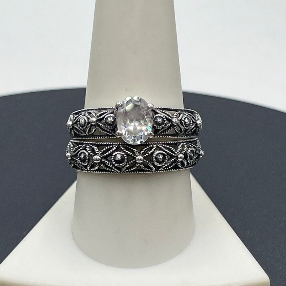 RJ Graziano Sterling Silver Marcasite CZ ring and band Wedding Set Sz 10.25‎